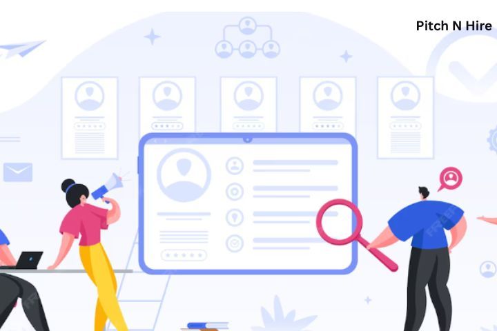 Illustration of recruiters reviewing candidate profiles on a digital resume screen, representing AI-driven recruitment, resume screening, and applicant tracking system.