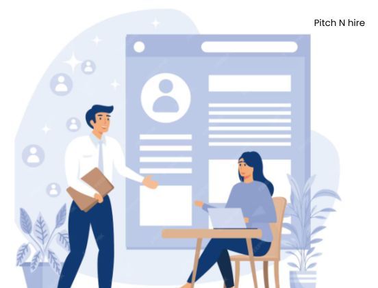 Illustration of a recruiter reviewing a candidate profile with a job applicant at a desk