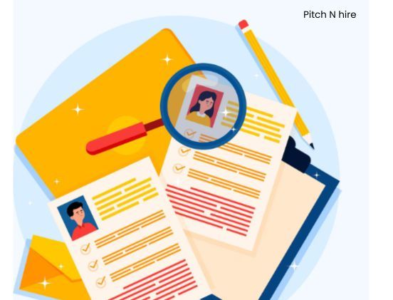 Illustration of résumés being reviewed with a magnifying glass.