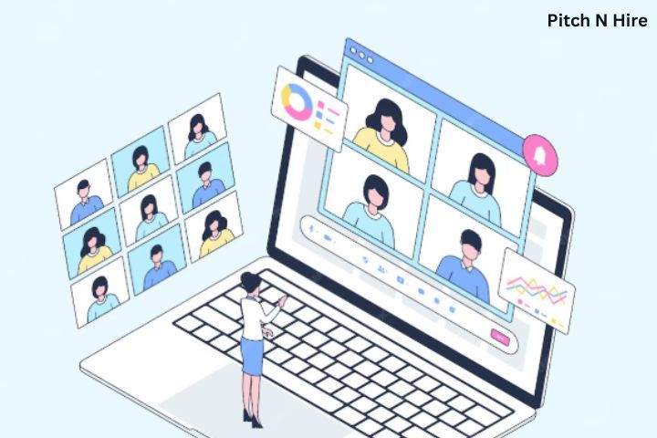Illustration of a virtual meeting with multiple participants on a laptop screen.