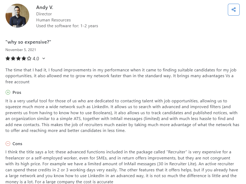 Linkedin recriter customer review from capterra platform