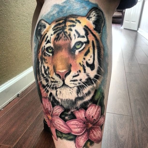 Tiger with Flower Tattoo 