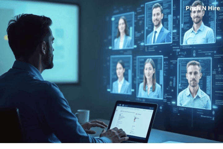 HR professional reviewing candidate profiles on an AI-driven hiring dashboard, showcasing data-driven recruitment and talent assessment technology.