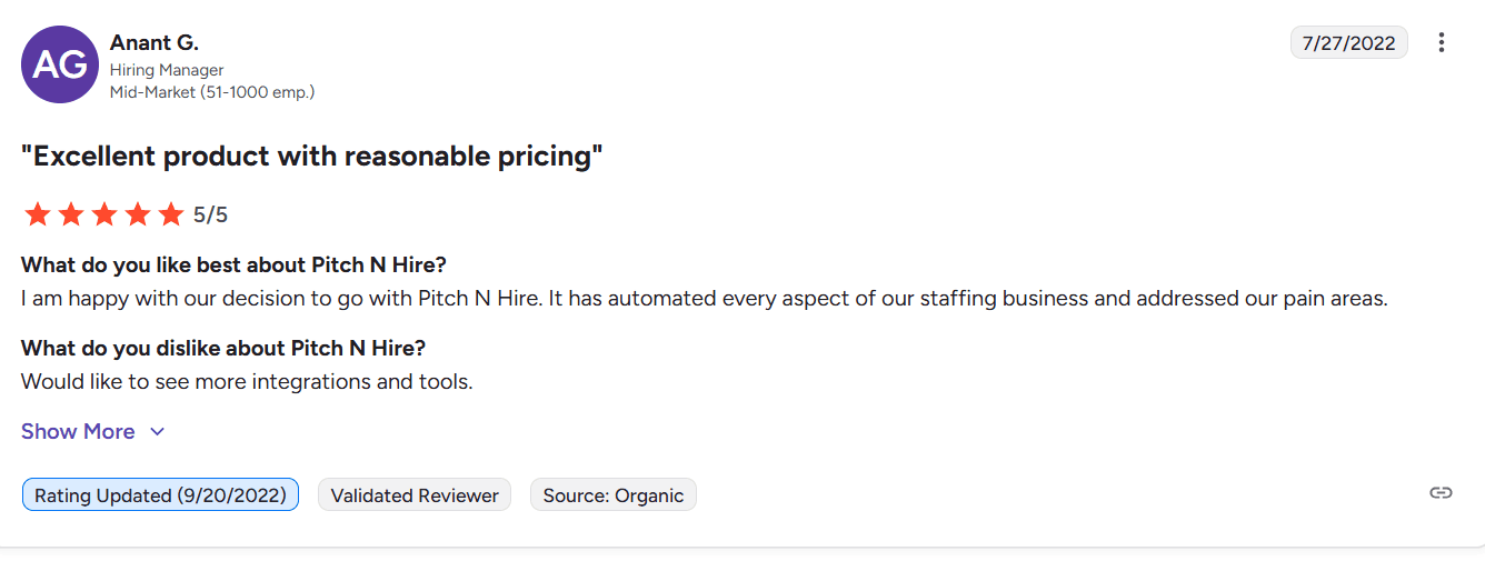 Customer review for Pitch N Hire showing a 5-star rating by a small business director, praising easy recruitment, affordability, simple implementation, and responsive support.