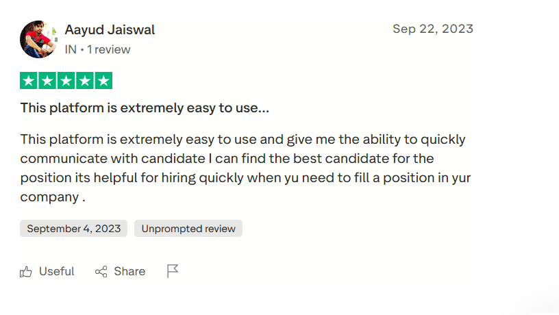 Customer review for Pitch N Hire showing a 5-star rating by a small business director, praising easy recruitment, affordability, simple implementation, and responsive support.