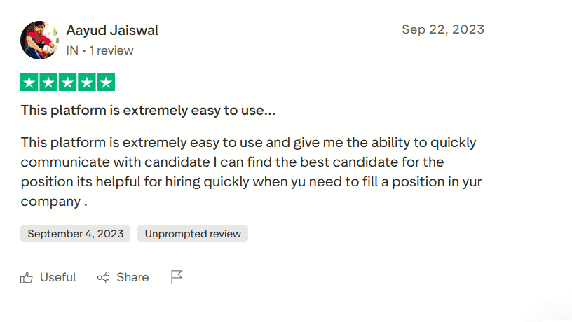 Customer review for Pitch N Hire showing a 5-star rating by a small business director, praising easy recruitment, affordability, simple implementation, and responsive support.