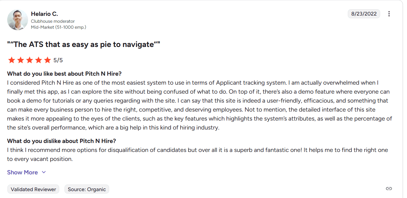 Customer review for Pitch N Hire showing a 5-star rating by a small business director, praising easy recruitment, affordability, simple implementation, and responsive support.