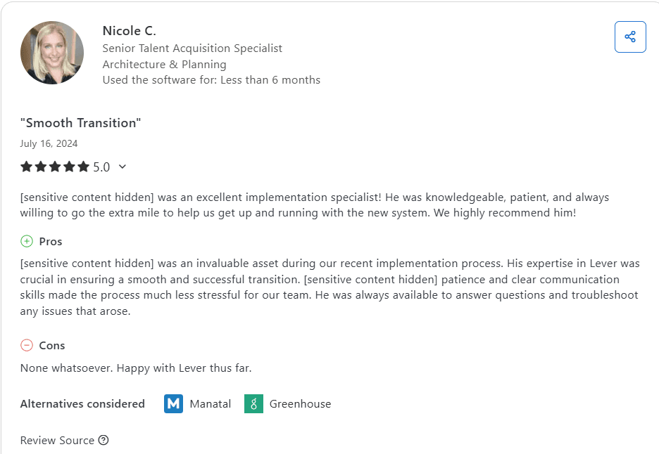 Lever customer review