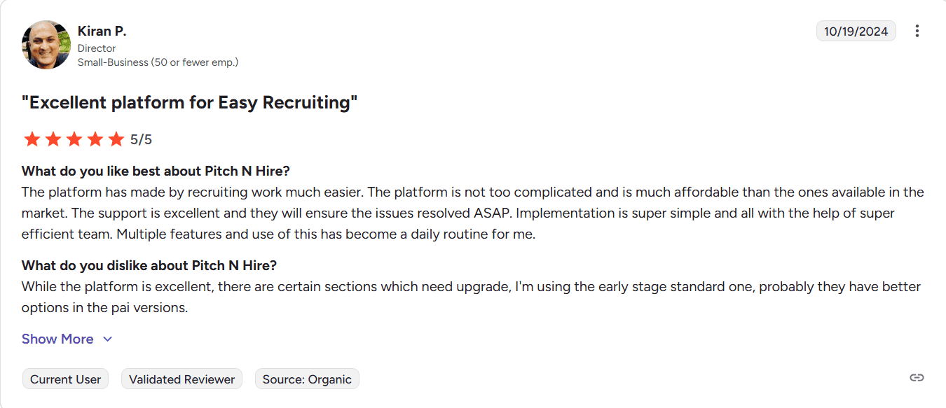 Customer review for Pitch N Hire showing a 5-star rating by a small business director, praising easy recruitment, affordability, simple implementation, and responsive support.