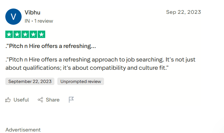 Customer review for Pitch N Hire showing a 5-star rating by a small business director, praising easy recruitment, affordability, simple implementation, and responsive support.