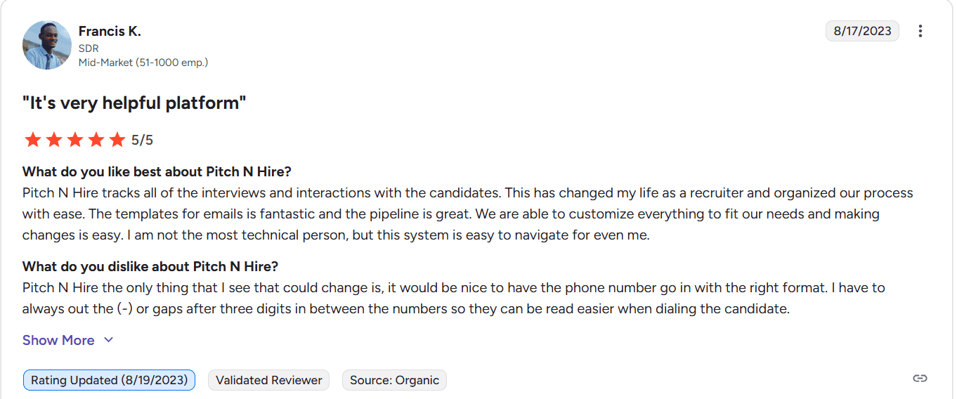 Customer review for Pitch N Hire showing a 5-star rating by a small business director, praising easy recruitment, affordability, simple implementation, and responsive support.