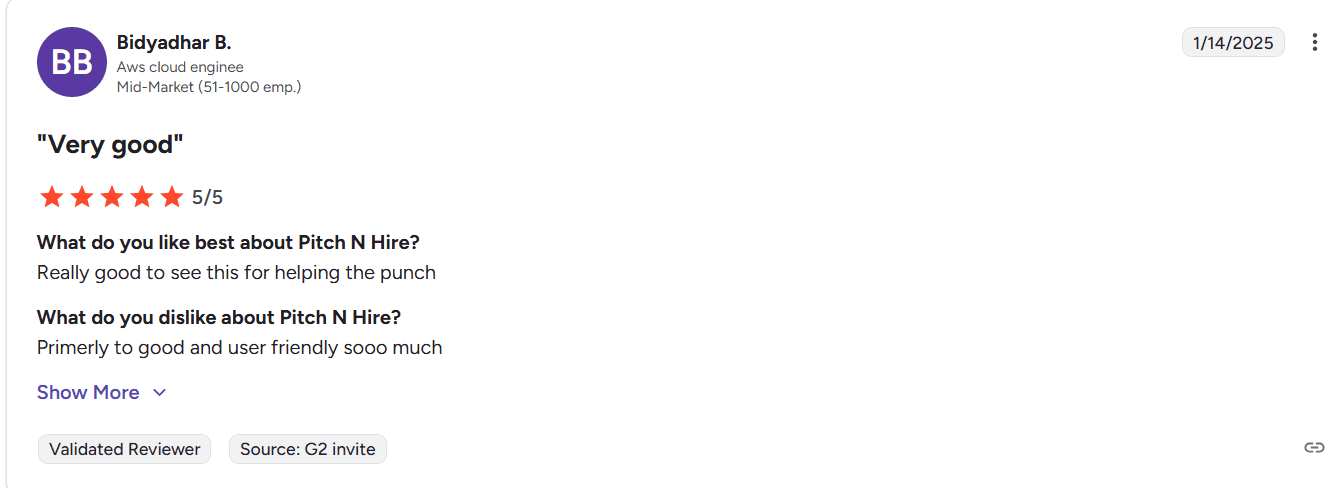 Customer review for Pitch N Hire showing a 5-star rating by a small business director, praising easy recruitment, affordability, simple implementation, and responsive support.